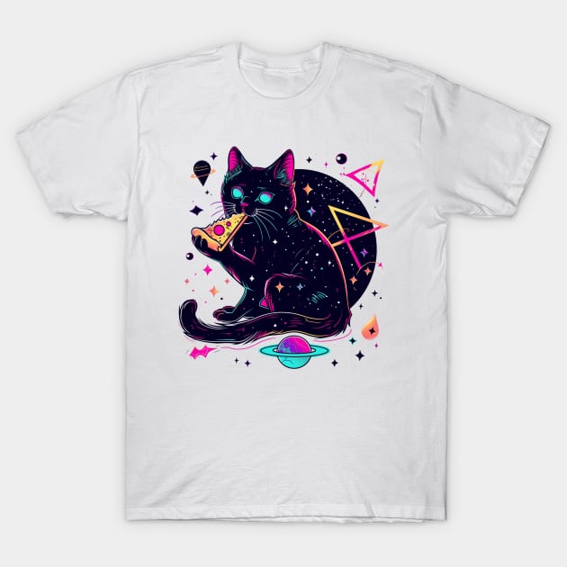 Space Cat with Pizza T-Shirt by Visual Arts Oasis